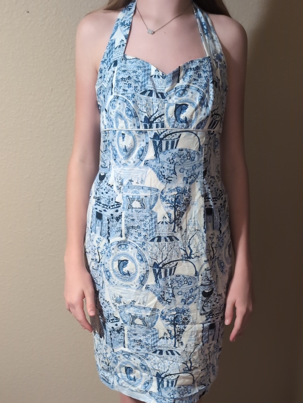 Etcetera Blue and White Halter Sheath Dress with Oriental Motif